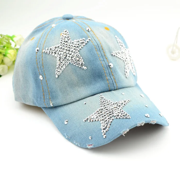Women Distressed Denim Baseball Cap Rhinestone Jeans Bejeweled Crown Sparkle Bling Hat