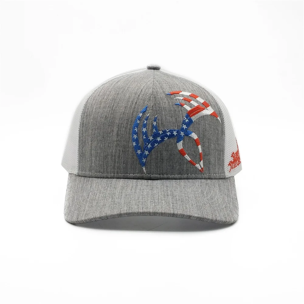 Custom Design Unisex 6 Panel  Grey Curve Brim Mesh Fabric 3d Embroidery Logo American Flag Trucker Caps Hats