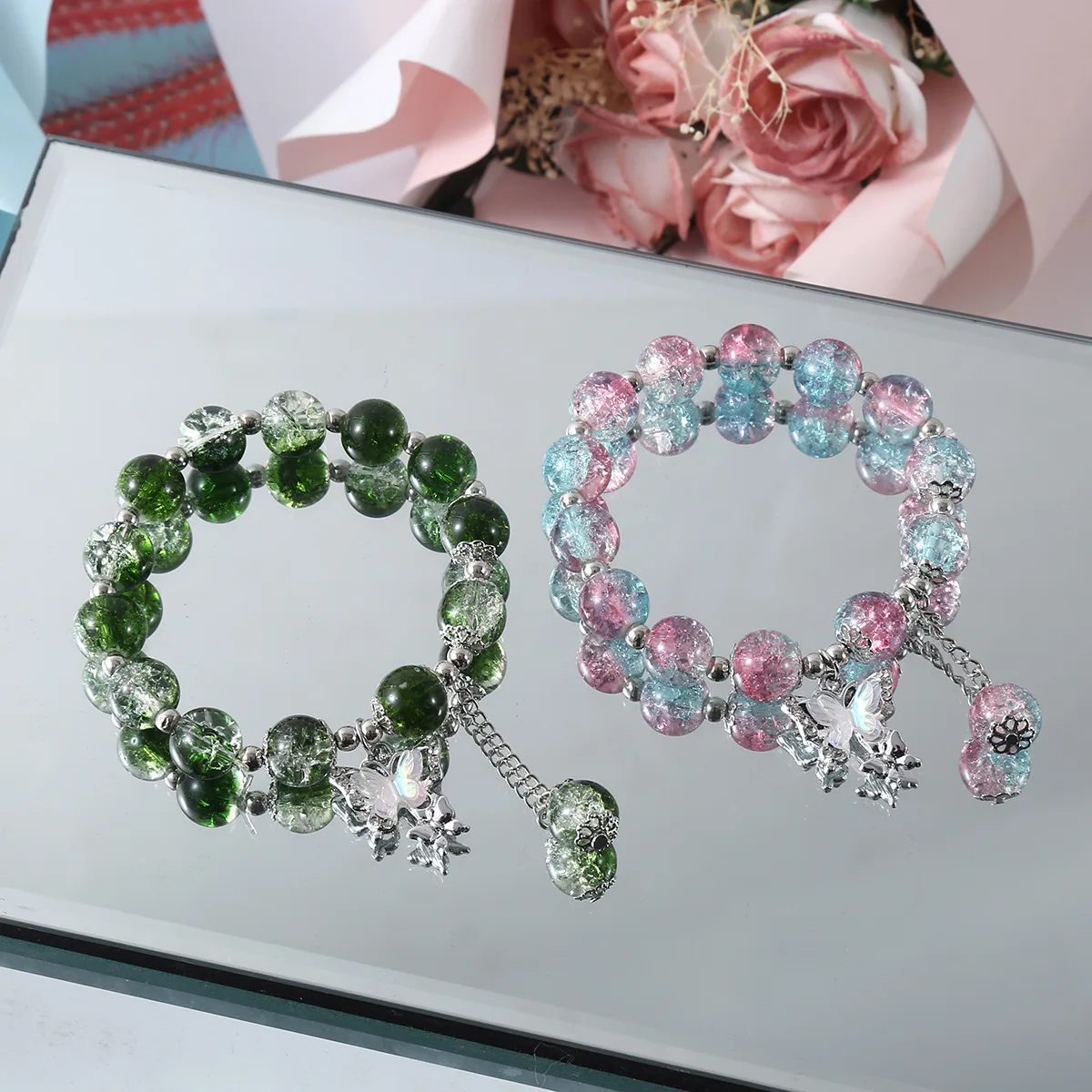 INS Fantasy Popcorn Cracked Crystal Beads Bracelet Butterfly Charm Gradient Color Girl Women Friendship Bracelets Jewelry Gift