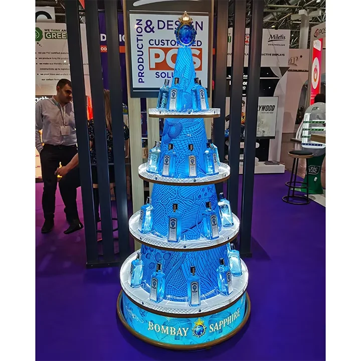 Customization Acrylic Pyramid Layered Bombay Sapphire Display Wine Tower for Wholesale