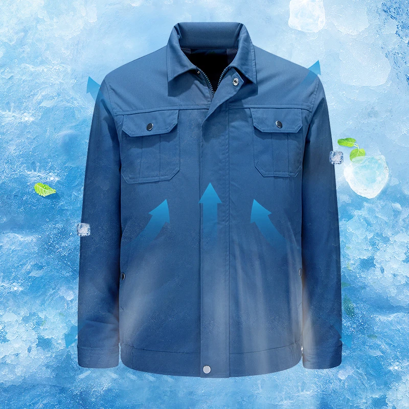 Fashion Blue Long Sleeve Summer Cool Fan Cooling Air Conditioner Jacket Fan Air Conditioning Clothes With Reflective Stripe