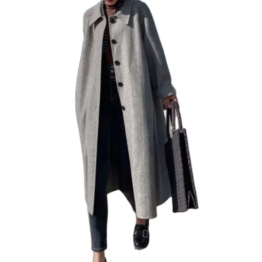 Peter pan collar wool coat with raglan sleeves in grey, herringbone pattern fabric