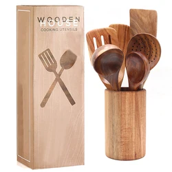 Amazon Hot Selling Kitchen Acacia Wood Utensils Set Eco Friendly Cooking Tools skimmer Spoon Spatula Teak Wooden With Holder