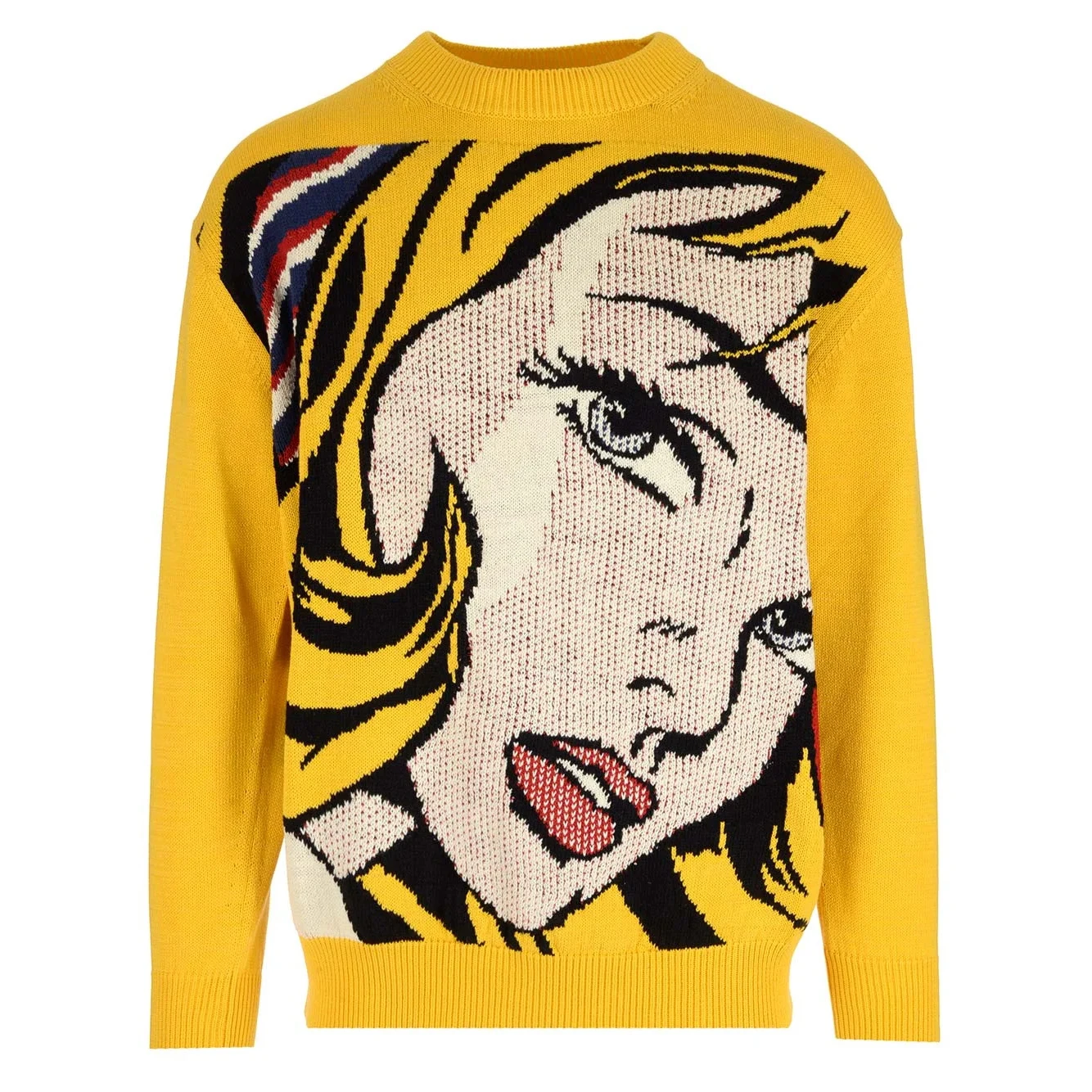 Factory wholesale custom logo men long sleeve crew neck yellow jacquard intarsia anime pattern sweaters