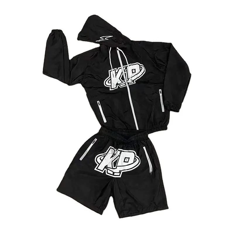 Custom sweatsuit two piece short set design streetwear mens reflective windbreaker jacket tracksuit set