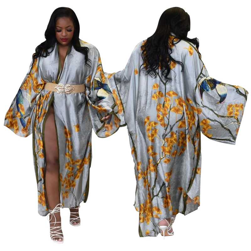 korean women female printed chiffon satin silk tropical beach long cover ups cardigan kimono style ladies women bohemian dresses