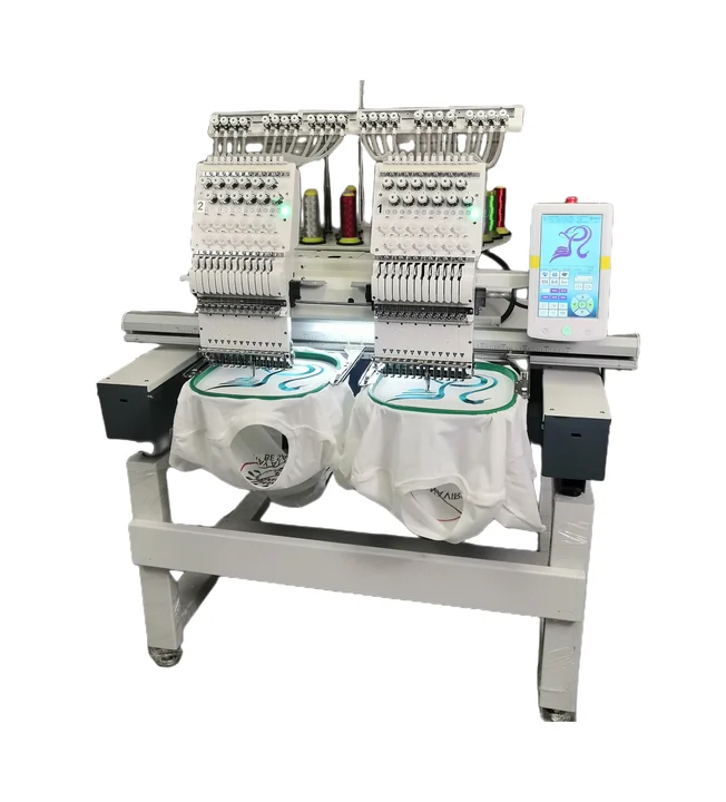 two Head Automatic Computerized Embroidery Sewing Machine Clothes Flat Hat T shirt 15 Needles Embroidery Machine