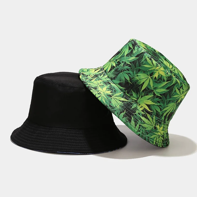 Outdoor Sport Autumn Spring Adult 3D Digital Print Plant Maple Green Weed Leaf Marijuana Bucket Cap Hat Reversible for Men Women
