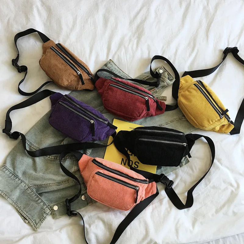 New Leisure Zipper Corduroy Messenger Bag Chest Waist Bag Packs For Ladies