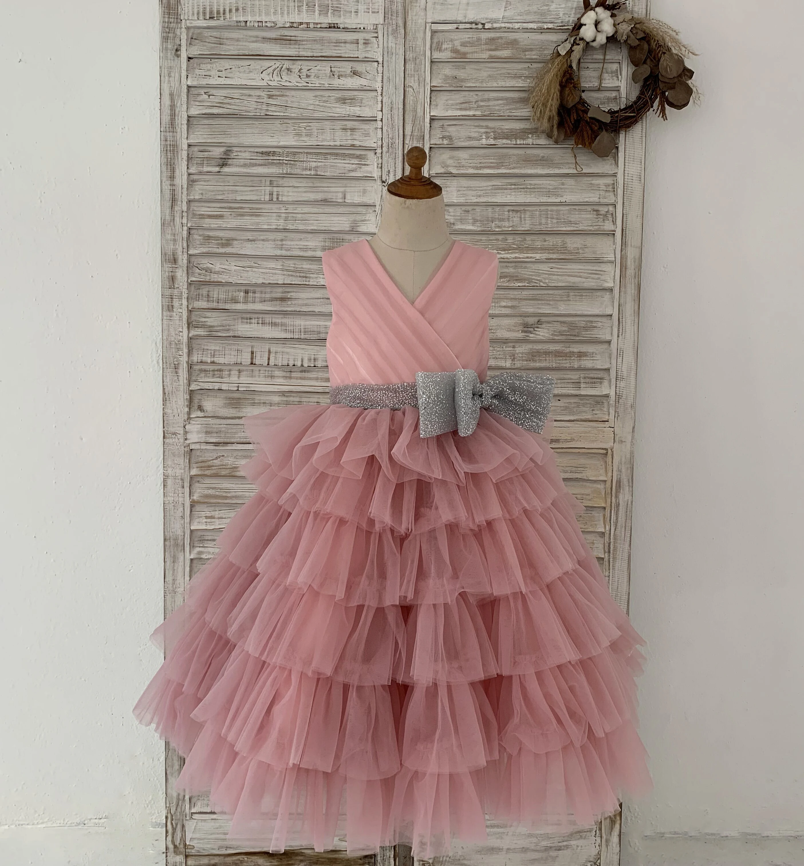 Change Champagne Sequin Satin Tulle Wedding Flower Girl Dress with Belt and Flower