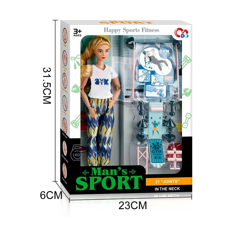 Newest 11.5 inch doll for girl oem jointed dolls with dumbbell equipment for kids play set