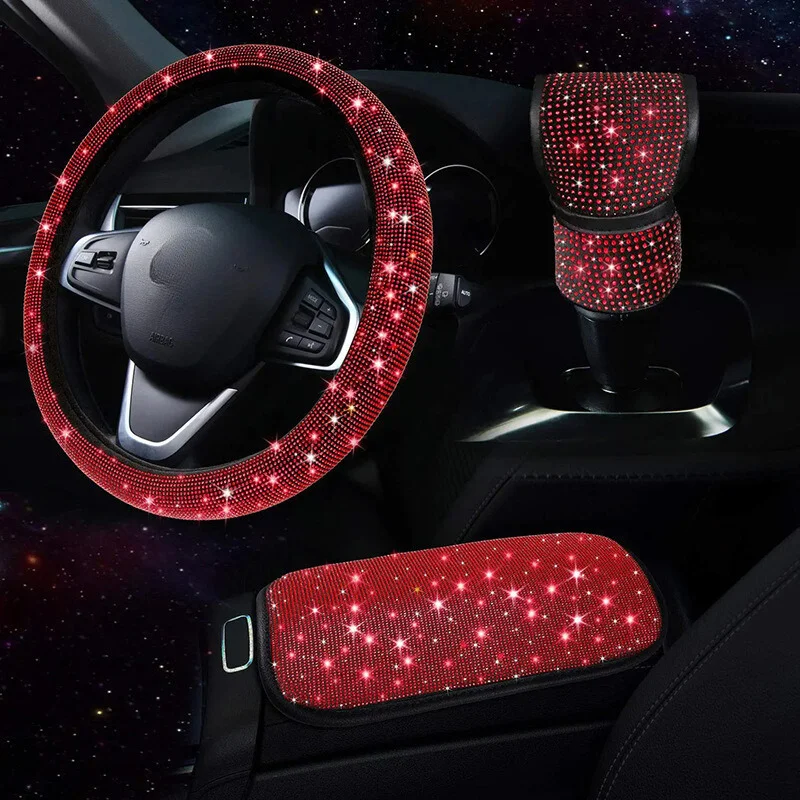 Diamond Bling Car Hoodie Gear Cover Central Box Steering Wheel Cover Set for Women for Girls