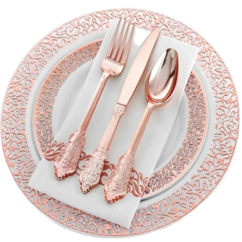 Gold Plastic Silverware Disposable Gold Rose Gold Forks Spoons and Knives, Elegant Plastic