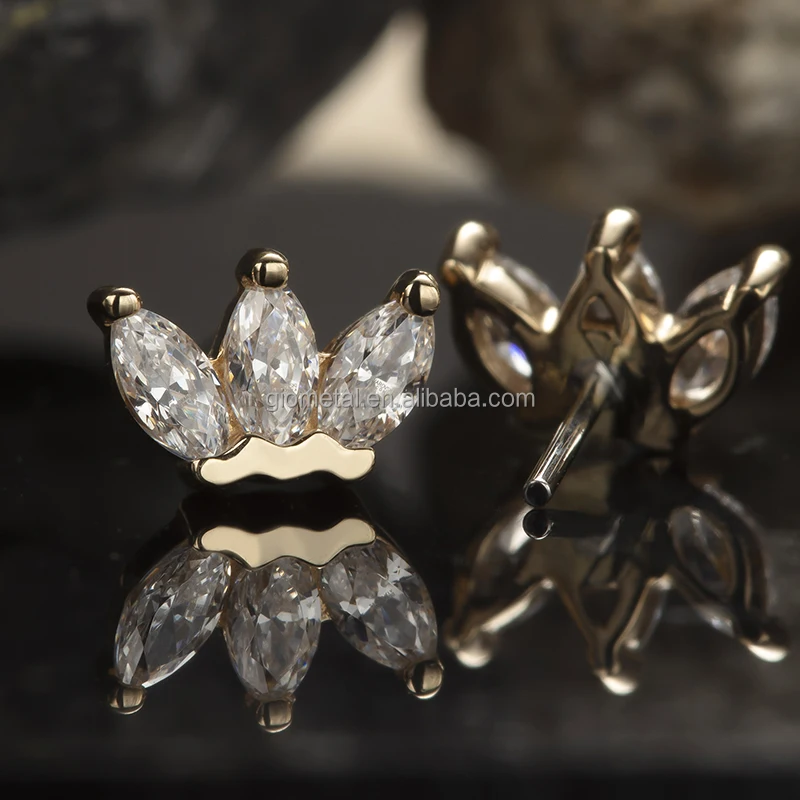 Giometal Wholesale 14k Solid Gold Triple Opal Marquise Top Body Jewelry Female Threadless Piercing Earrings Conch Daith