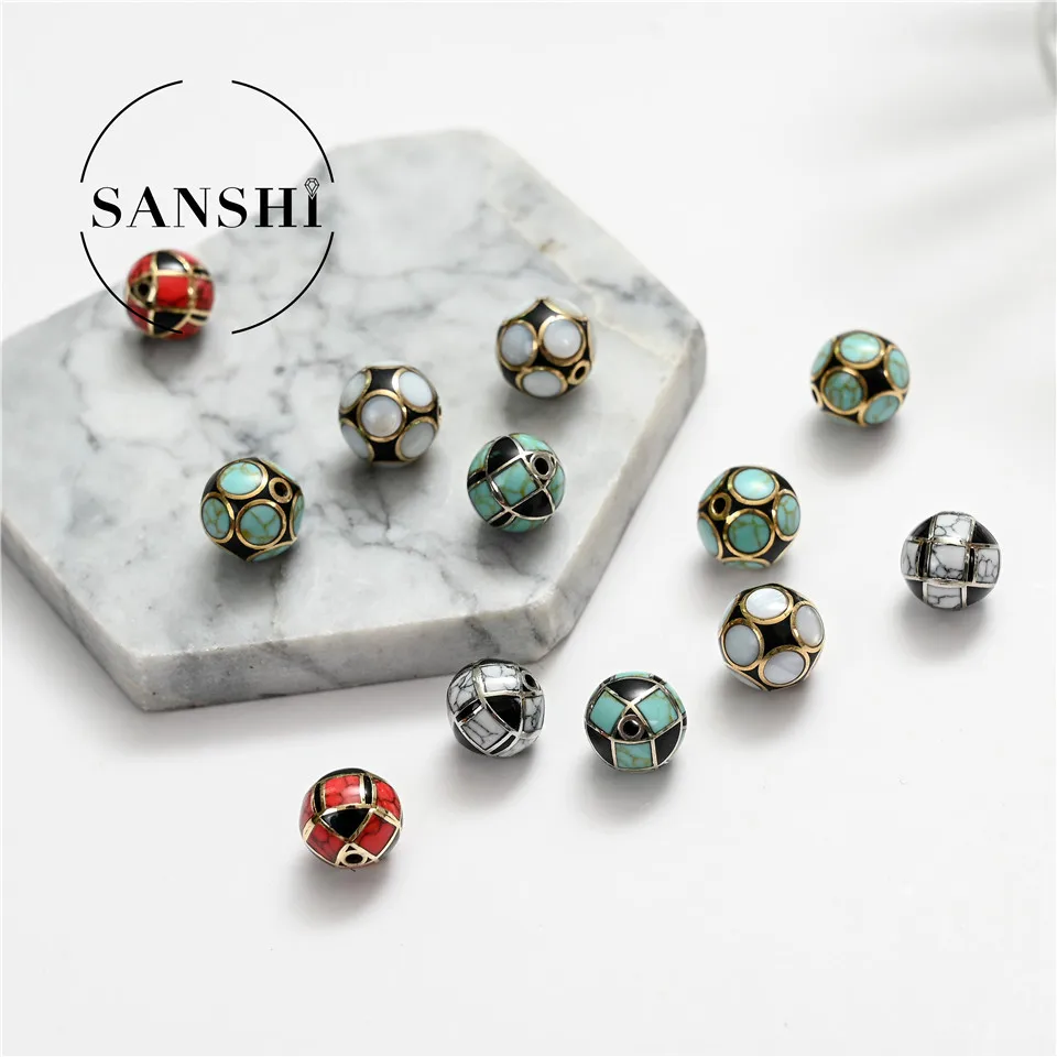 Custom Made Metal Beads Copper Inlaid Bead Turquoise Shell  1.5 Hole Turquoise Beads Jewelry Making