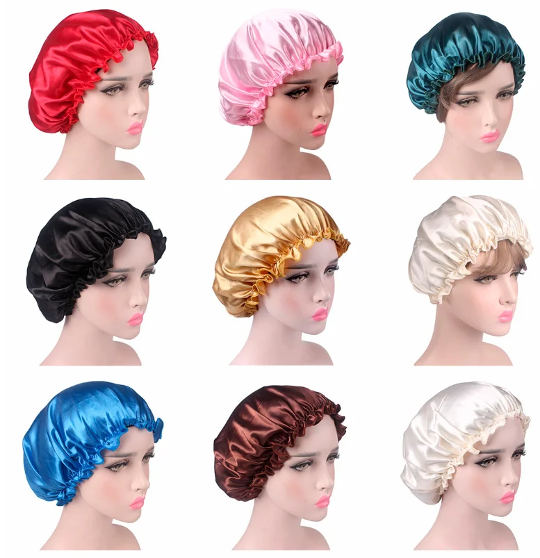 Hair Satin Bonnet For Sleeping Shower Cap Silk Bonnet Bonnet Femme Women Night Sleep Cap Head Cover Wide Elastic Band