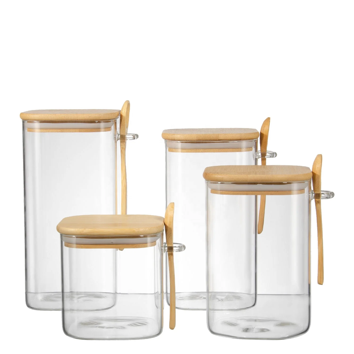 samyo Custom Large Square shape Kitchen Food Coffee Bean Oat Container Glass Storage Bottles Jar With Lids spoon