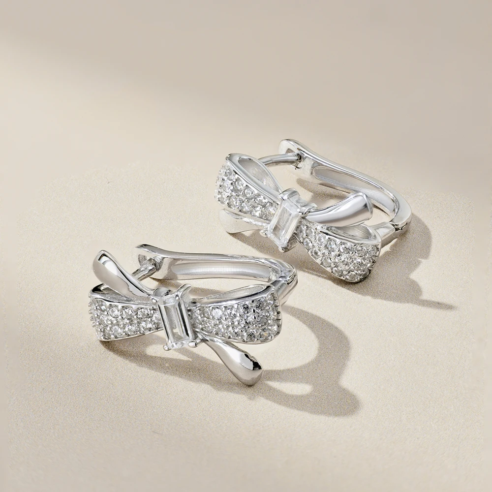 Dylam Dainty Beauty S925 Silver Fine Jewelry Hypoallergenic Rhodium Plated Diamond 5A Cubic Zirconia Bow Tine Hoop Earrings