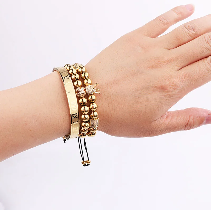 Classic Design Luxury Men Jewelry CZ Diamond Crown Charm Gold Stainless Steel Roman Bangle Macrame Bracelet Set Men