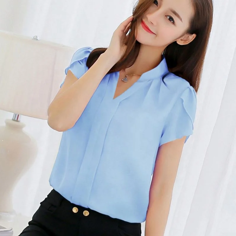 Womens Shirt Chiffon Blouse Tops Short Sleeve Elegant Ladies Formal Office Blouse Plus Size Women Tops Blouses