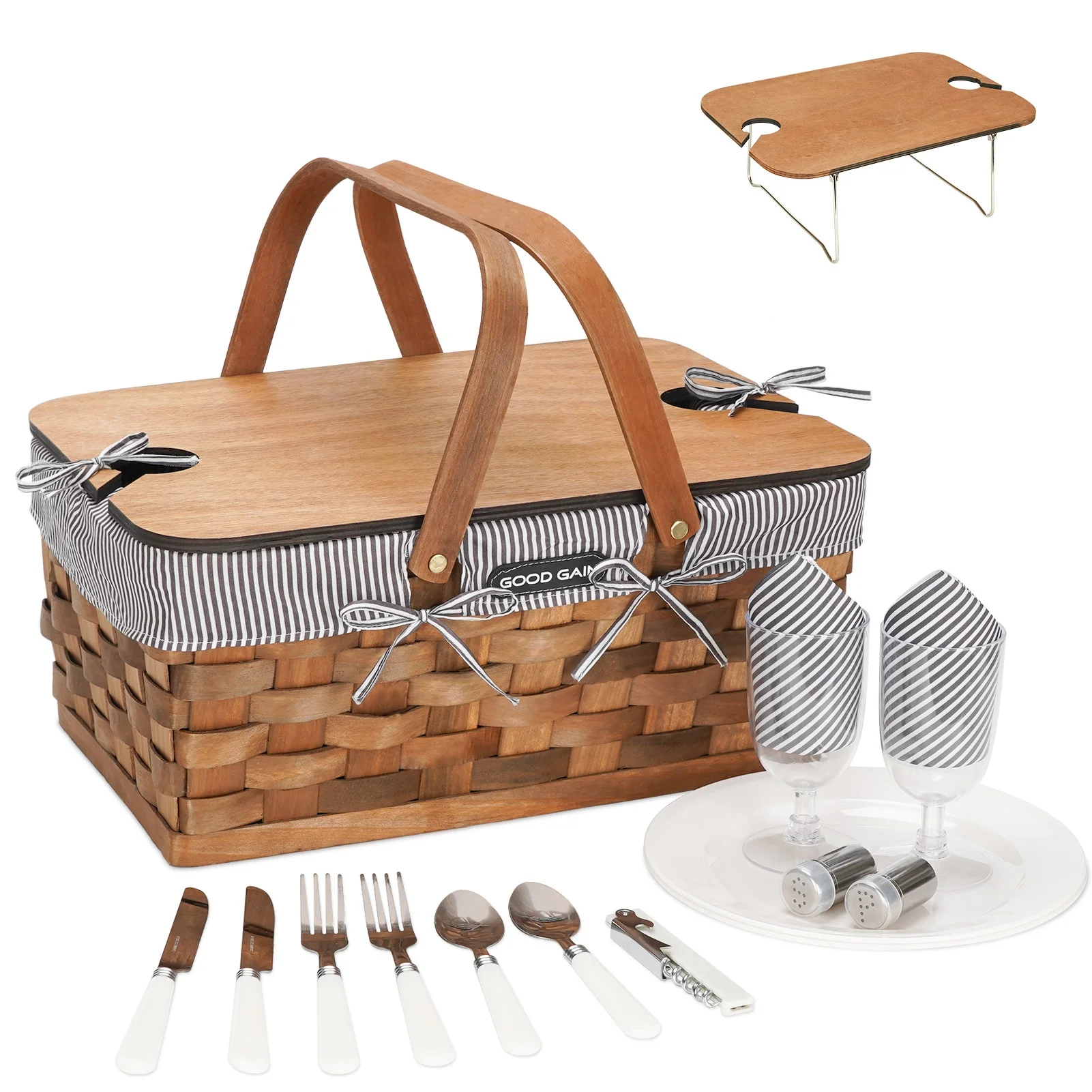 Woodchip Picnic Basket Set for 2 Persons with Portable Wine Table