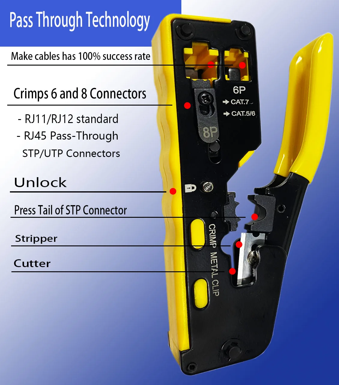 Pass Through Crimper RJ45 Crimp Tool Kit Ethernet Network RJ45 Crimping Stripper Cutter tool  Yellow Stripper + Blades