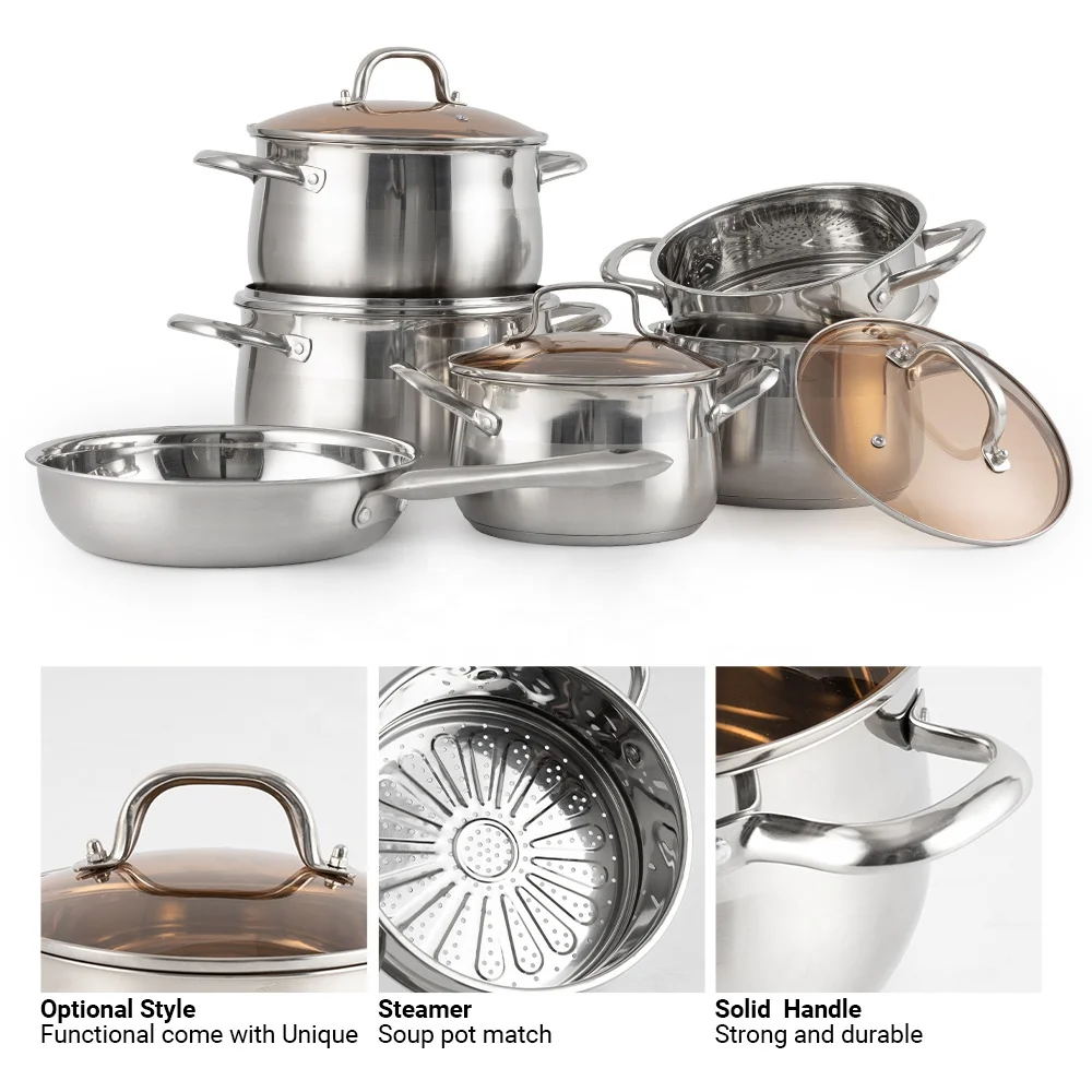 Wholesale Luxury Kitchen Heavy Duty Induction Base Stainless Steel Non Stick Cooking Ware Pot And Pans Cookware Set