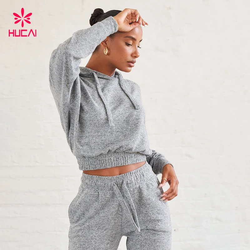Custom new hucai High Quality Women grey cotton crop top sweatpants velour sweat suits sweatsuit sets women