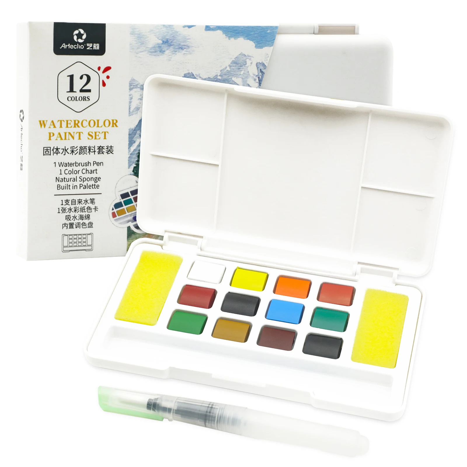 Artecho 12colors China Supplier Eco-friendly Custom Artist Solid Watercolor Paints Set