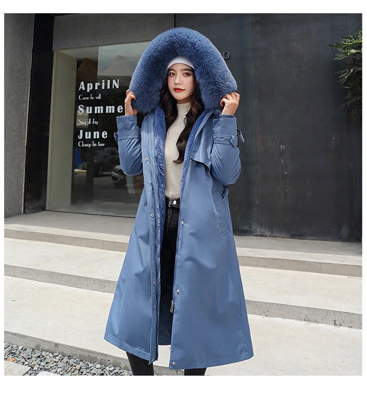 Genuine Leather Jacket with Real Fur Collar Ladies Warm Leather Long Jackets Real Fox Fur Cuffs Womens Genuine Leather Jacket