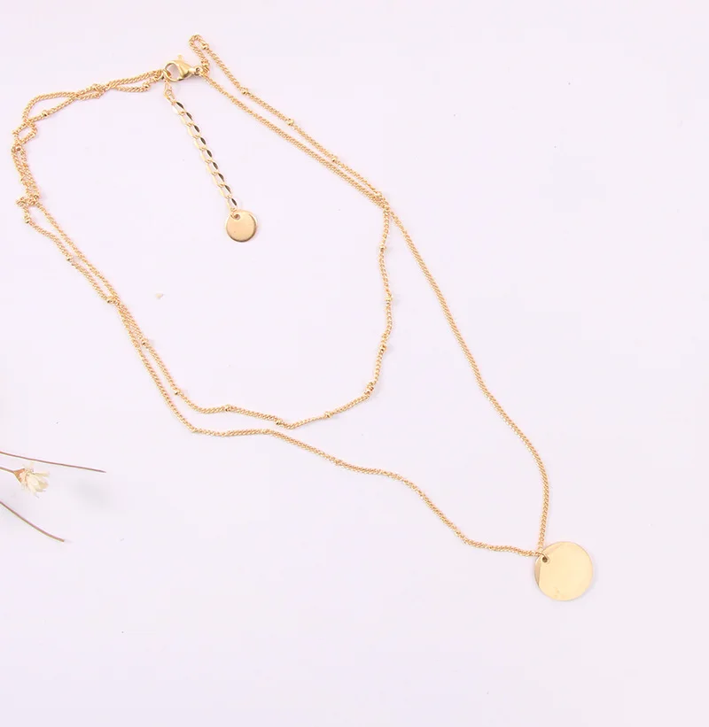 Sland Female Gold Plated Round Pendant Long Layered Double Chain Necklace
