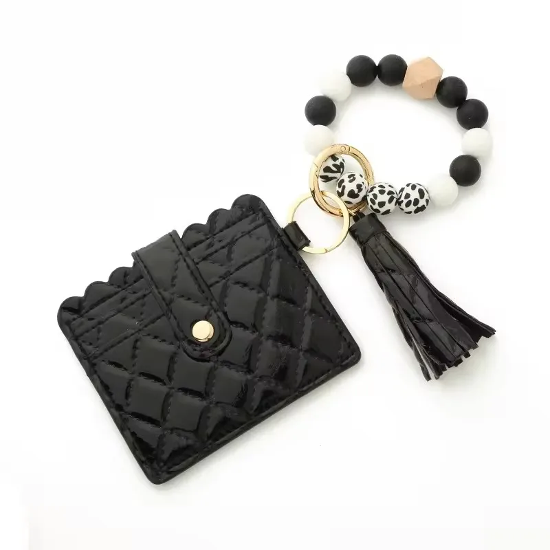 2024 Women Fashion Money Bag Wallet Card Bag Wristlet Keychain PU Leather Tassel Key Ring Silicone Bead Bracelet Key Chain