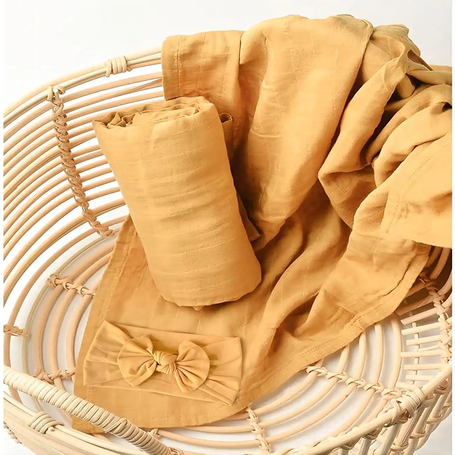 2 Pack Set Breathable Ultra-Soft 100% Cotton Muslin Baby Swaddles Receiving Blanket Headbands Set