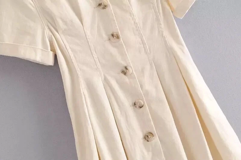 
100% Linen Women Side Split Beige Buttoned Long Casual Dress 