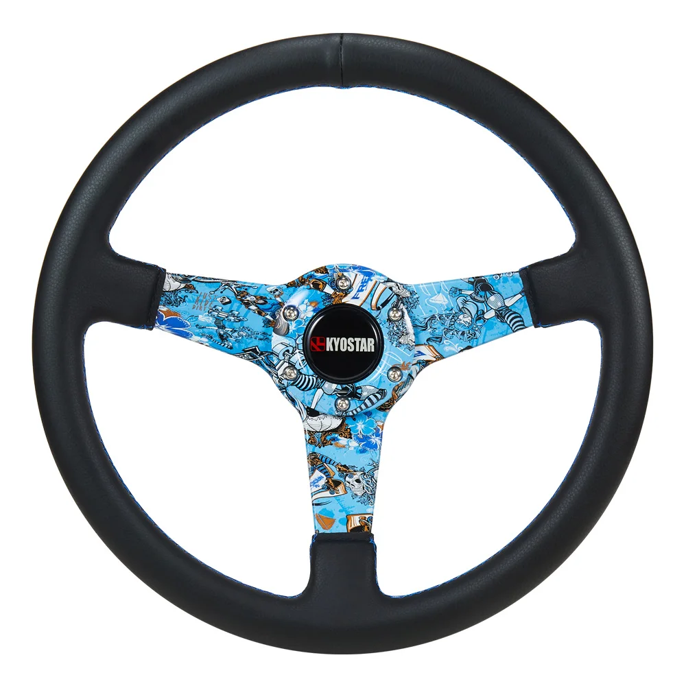 KYOSTAR 350mm Aluminum 3' Deep Corn Black Leather Steering Wheel with HYDRO DIP Pattern