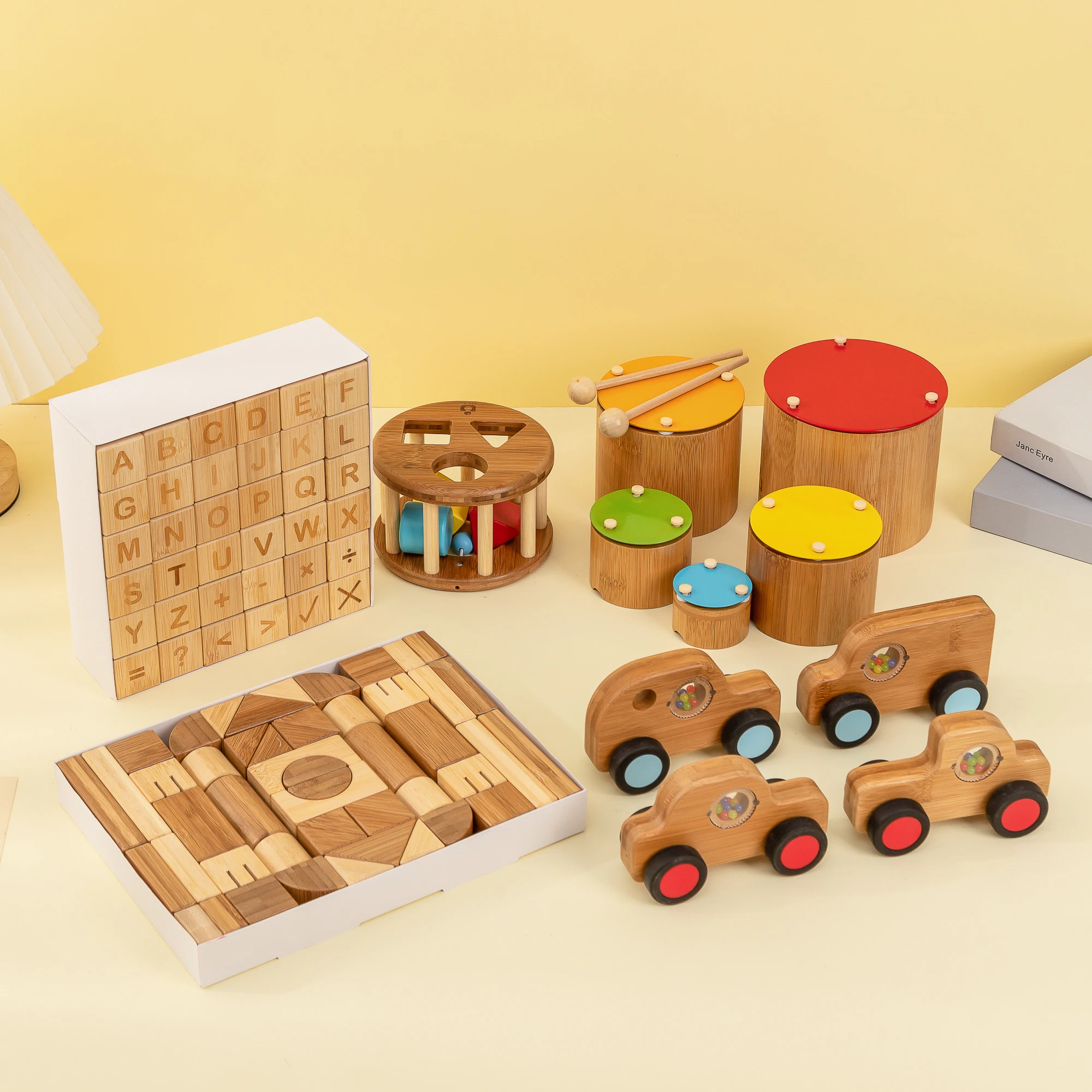 UDEAS Bamboo Set Musical Folding Drum Toy Mini Car Play Early Learning Sorting Set Wooden Montessori Toy