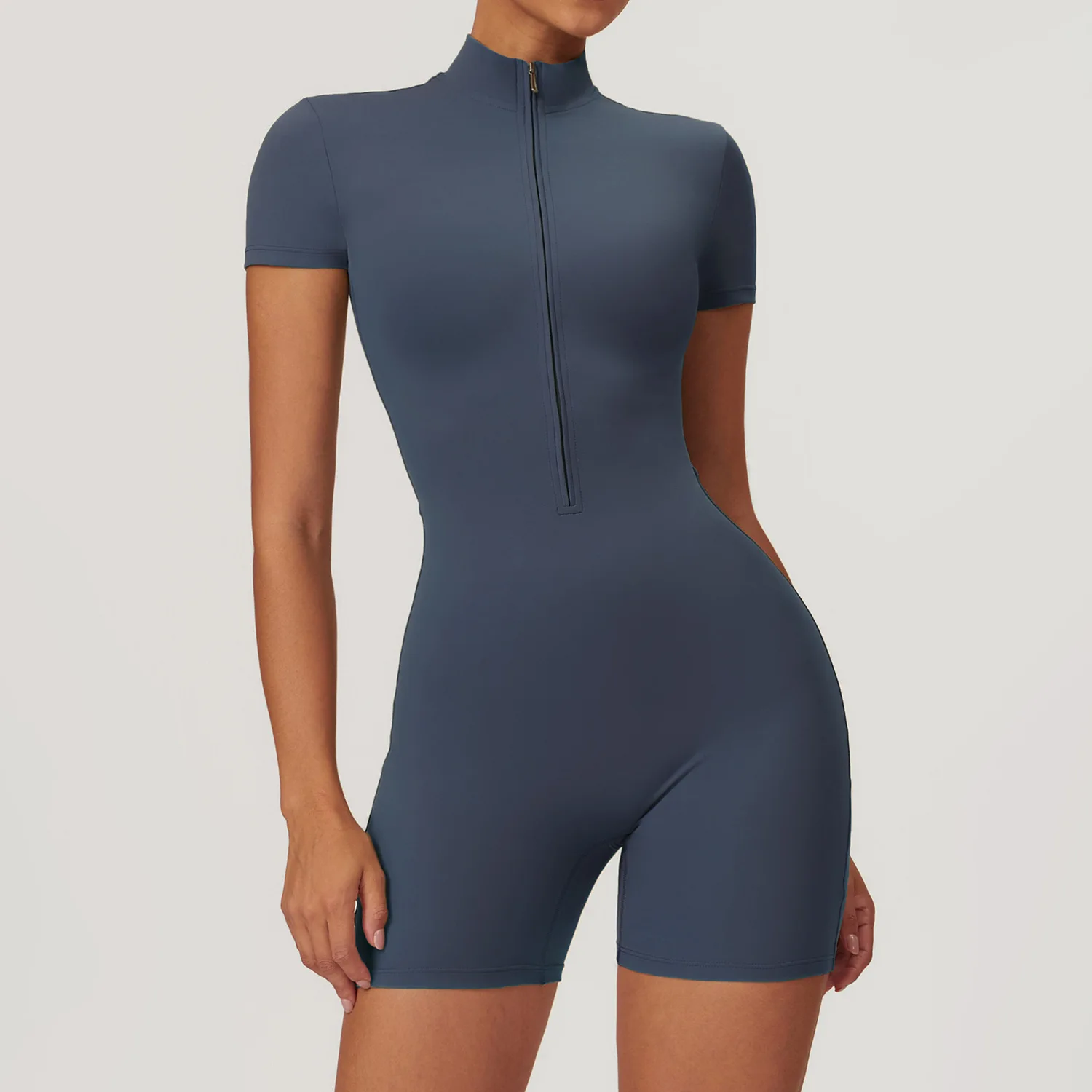 High Quality  Custom Made Women Half Zip Sports Short Jumpsuit Tummy Control Nylon Spandex Jumpsuit