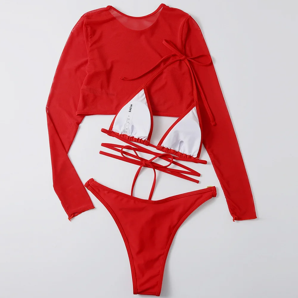 Large Size Three Piece Long sleeve mesh Pajama Short Set Sling Sexy Pajamas Colorful mini brazilian bikini