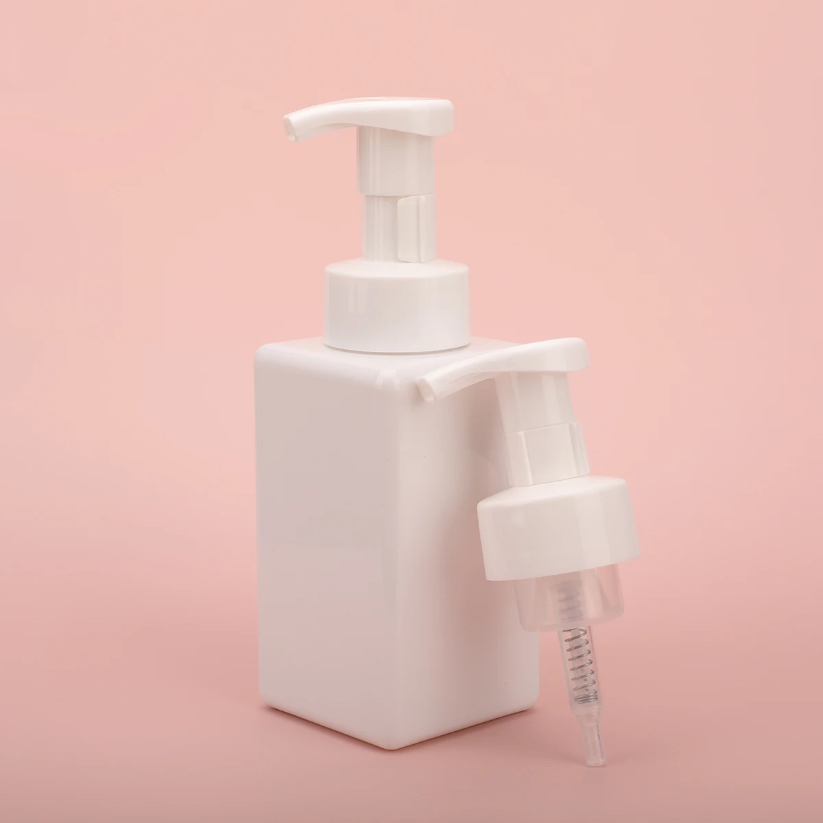 Spot stock low moq all white square 450ml PET plastic foam bottle,empty foam pump bottles,foaming soap dispenser pump bottle