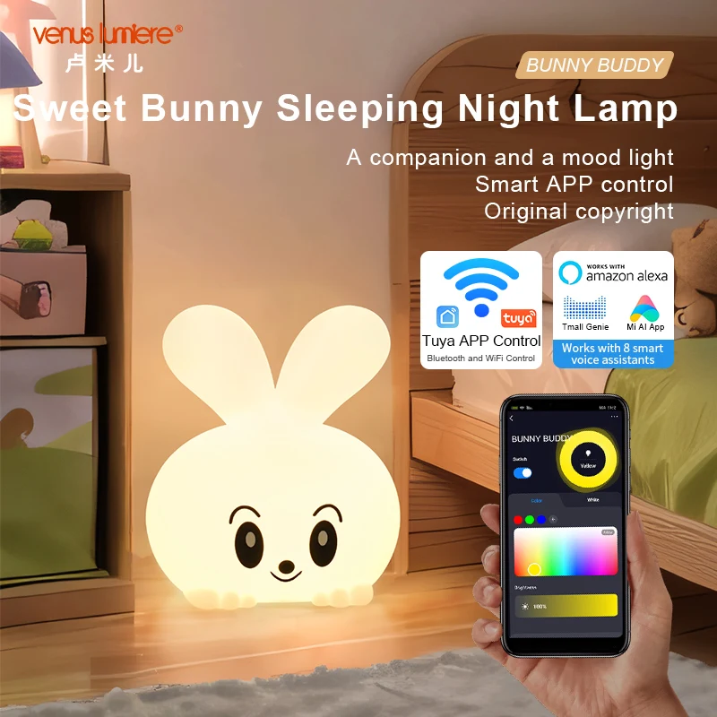 Cute Bunny Rabbit Lamp Smart App Control Multicolor Changing LED Bedroom Bedside Battery Powered Novelty Sleeping Night Light