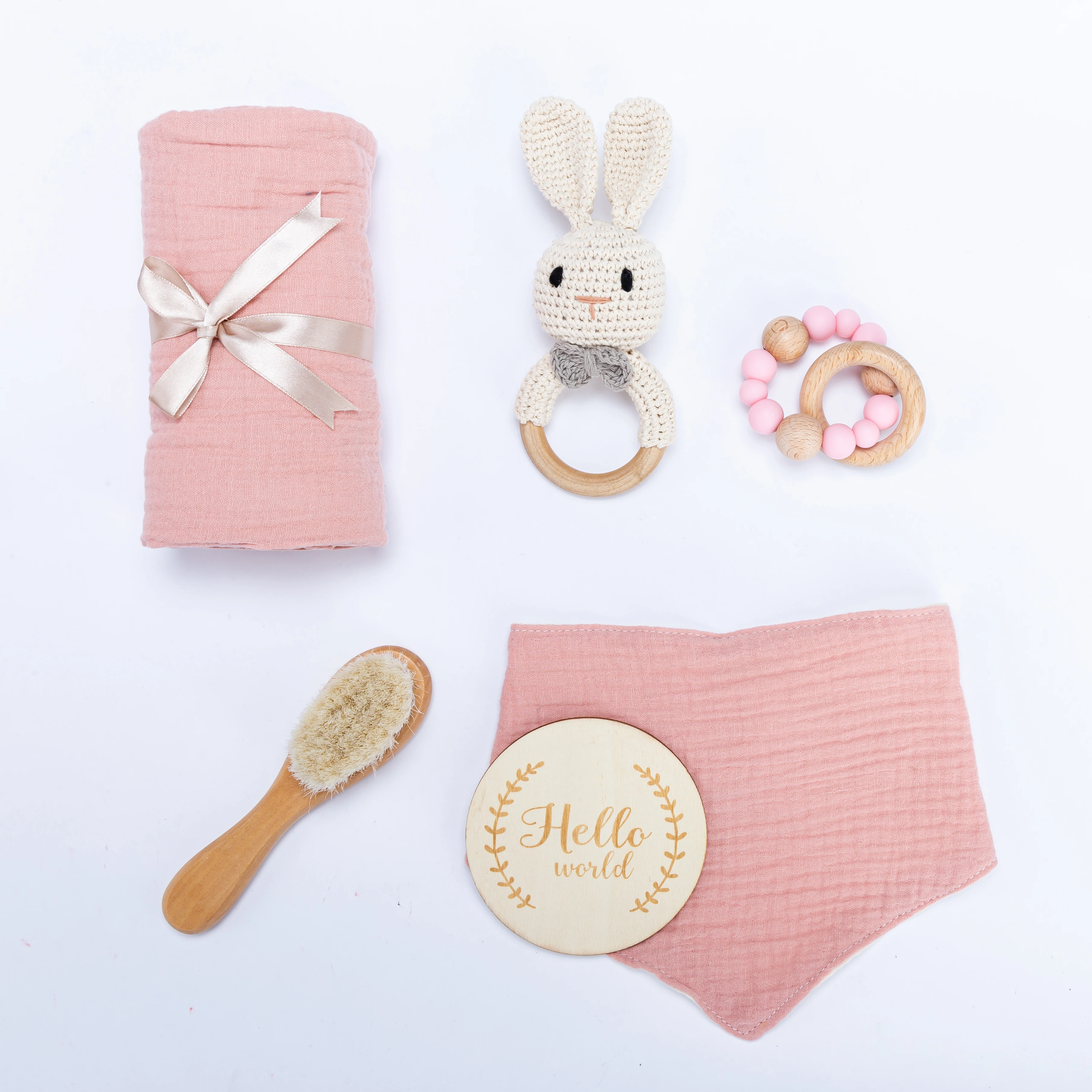 Newborn Gift Box Organic Baby Gift Set Baby Muslin Cotton Blanket Teething Baby Bib Rattle Milestone Wooden Toy Set