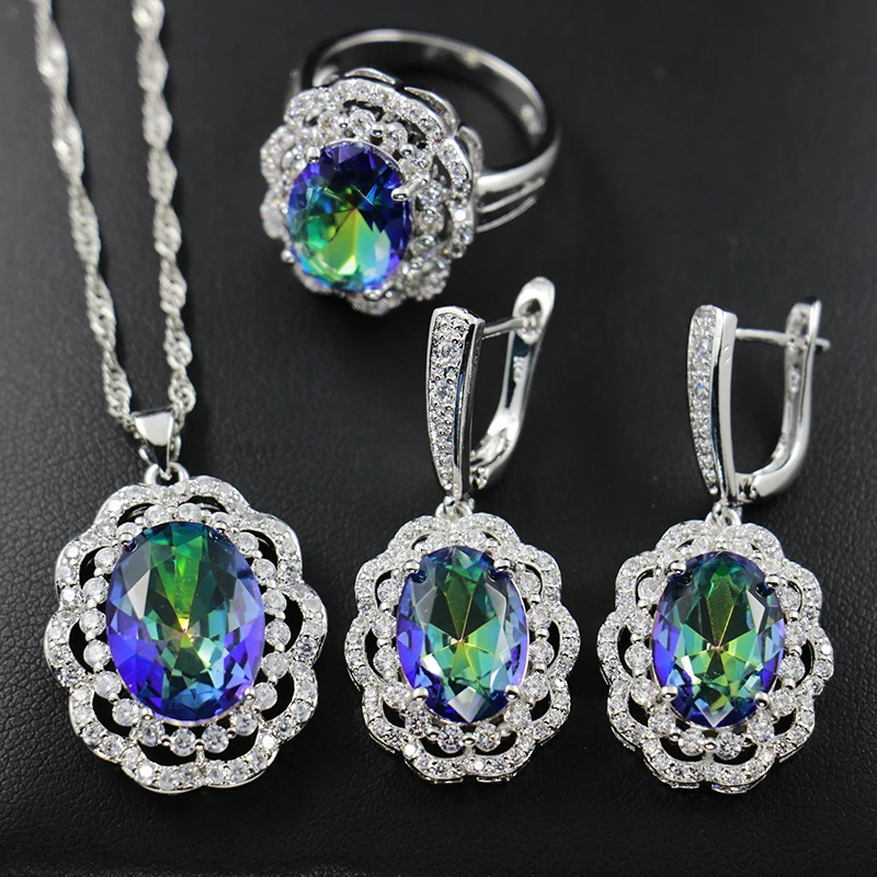 Fashion Cubic Zirconia Stone Pendant Earrings Ring Neckless Set Women Gold Plated Jewelry