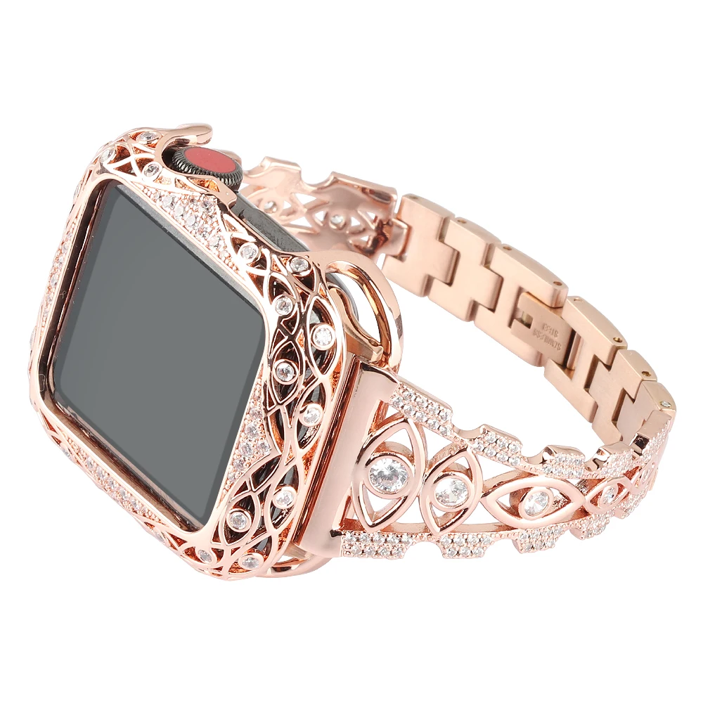 Luxury Replacement Bling Diamonds Metal jewelry Smart Watch Strap Band and case For Apple Watch 38 40 42 44 mm