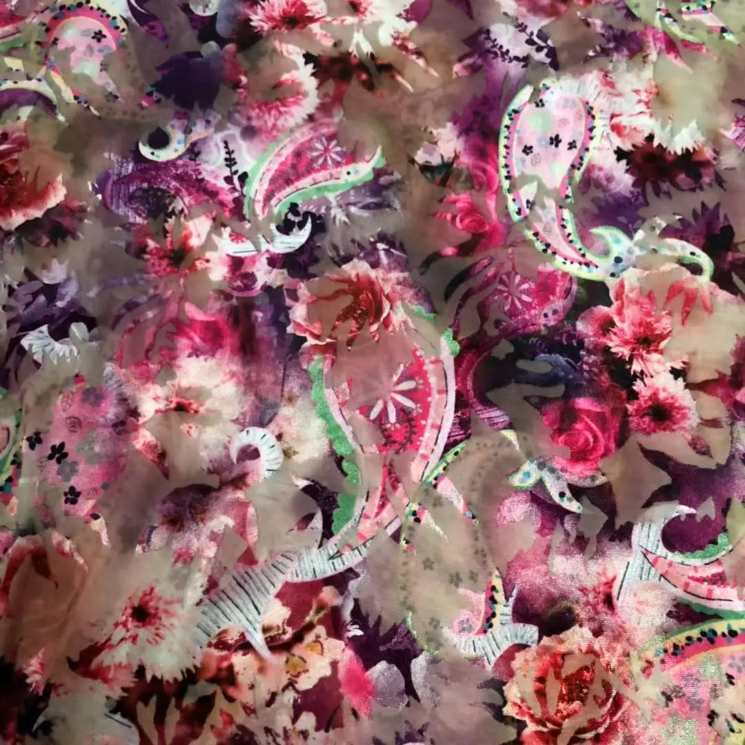 Hot sale Burnout custom print flower pattern polyester and spandex blended fabric for dress