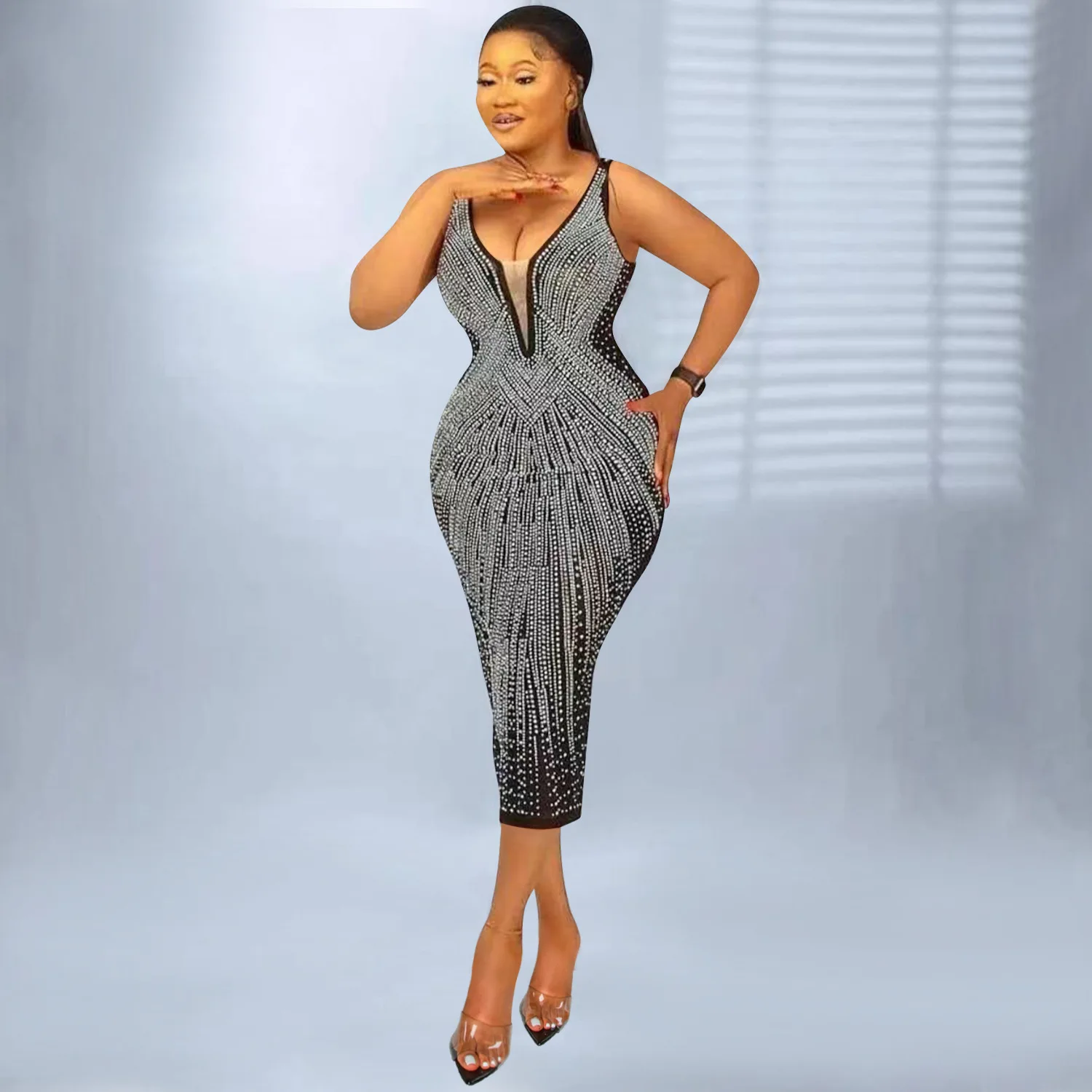 C5808 2022 Spring New Boutique Clothing Fashion Women Suspenders Sexy Dress Ladies Tight V-neck Rhinestone Dress