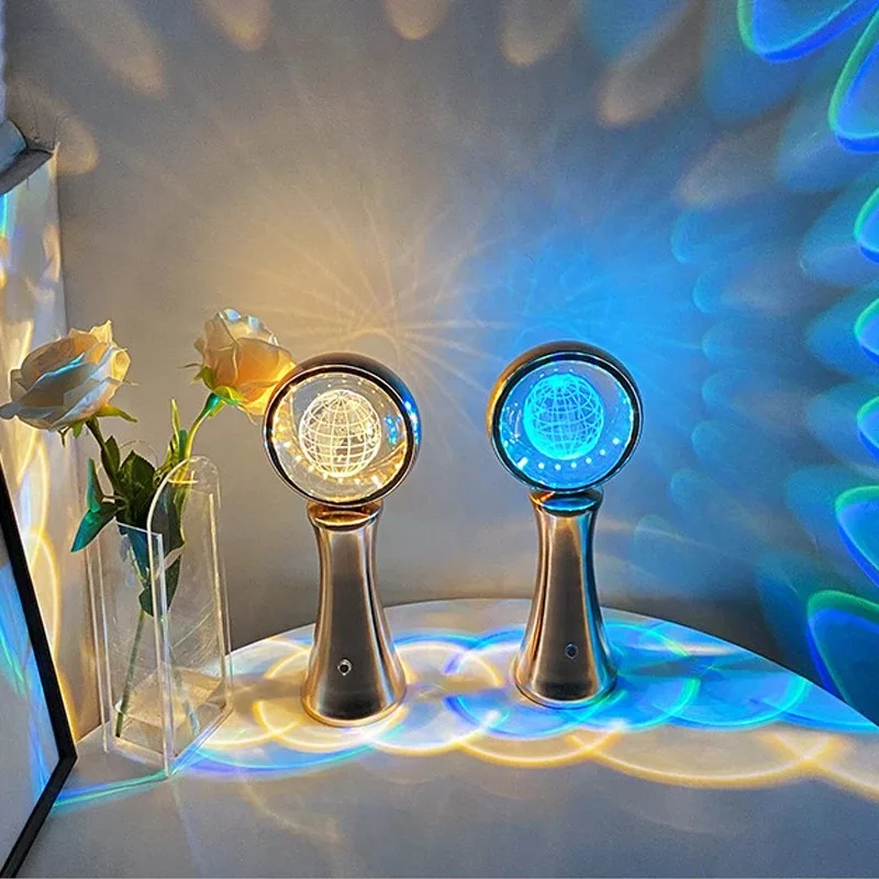 3D Crystal Globe Rotating Night Light RGB Charging Modern Simple Desktop Projection Ambient Light
