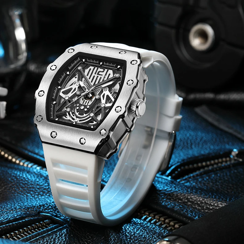Cool Tonneau Skeleton Design Mechanical Watches For Men Silicone Band Alloy 3 ATM Waterproof Sport Watch