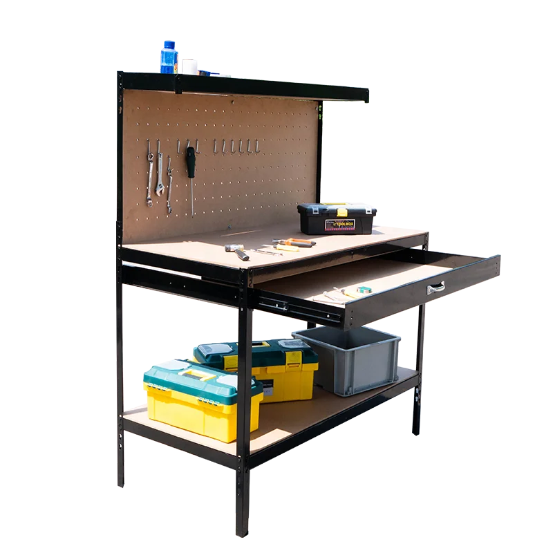 Utility Metal Frame Workshop Operating Woodworking Tool Workbench Adjustable Work Table With Pegboard And Drawer