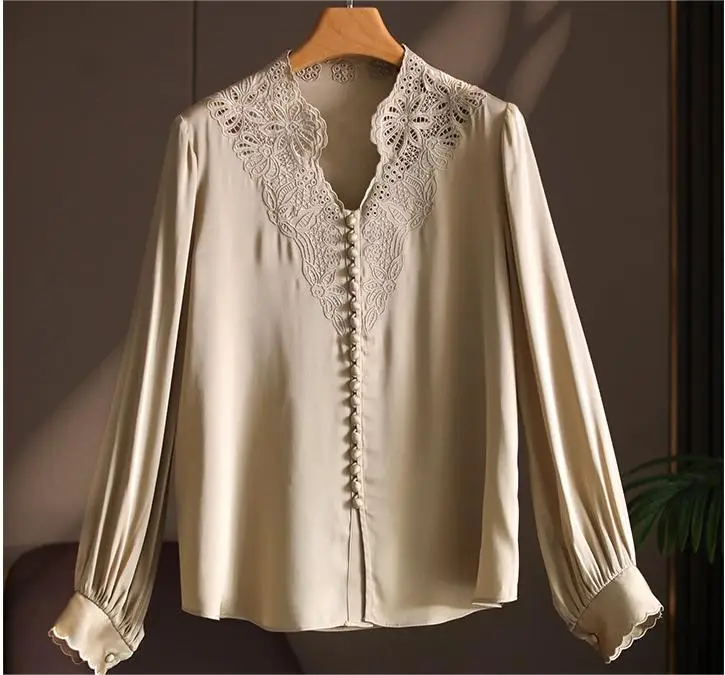 Heavy industry embroidery heavy weight natural  silk V-neck simulated silk shirt blouse women