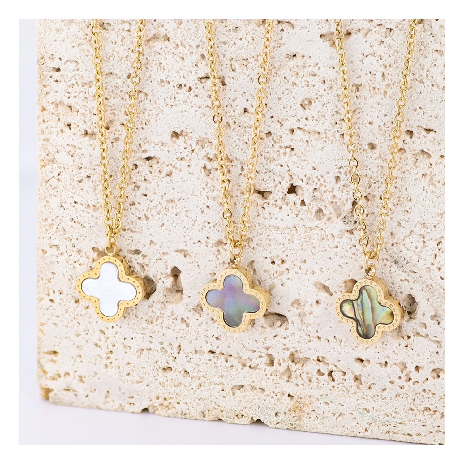 Stainless steel Gold color mother of pearl clover pendant chain Necklace jewelry for Women